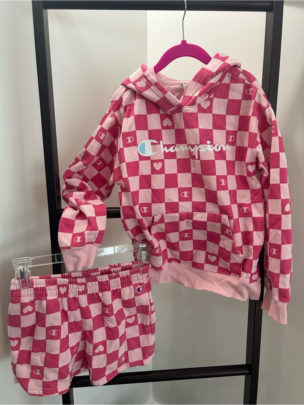 Champion Pink & Light Pink Checkerboard Hoodie and Shorts Set